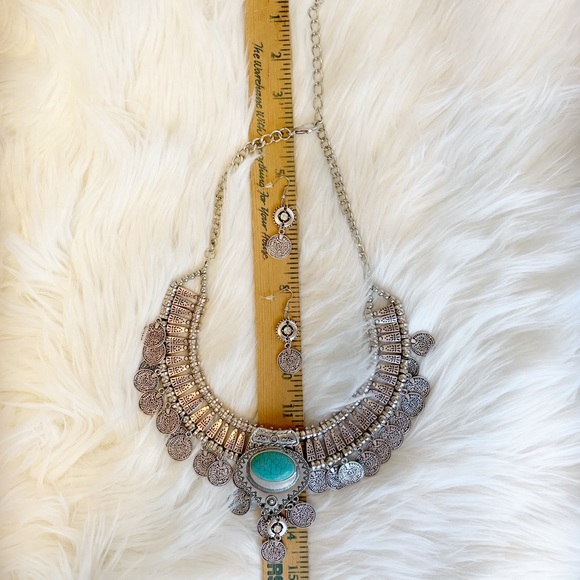 NWT Silver Coin Statement Necklace & Earrings Set with Turquoise Accent - Picture 14 of 14